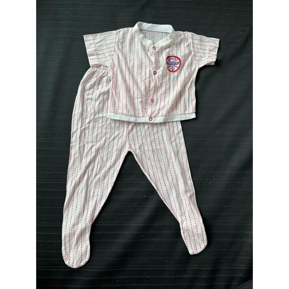 VTG 60s Baby Baseball Set Little Slugger Pinstripe Pajamas Infant 3-6M